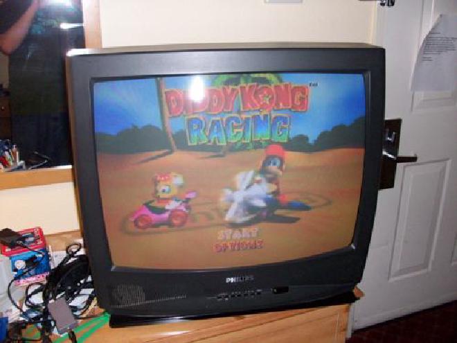 Picture of hotel TV displaying Diddy Kong Racing