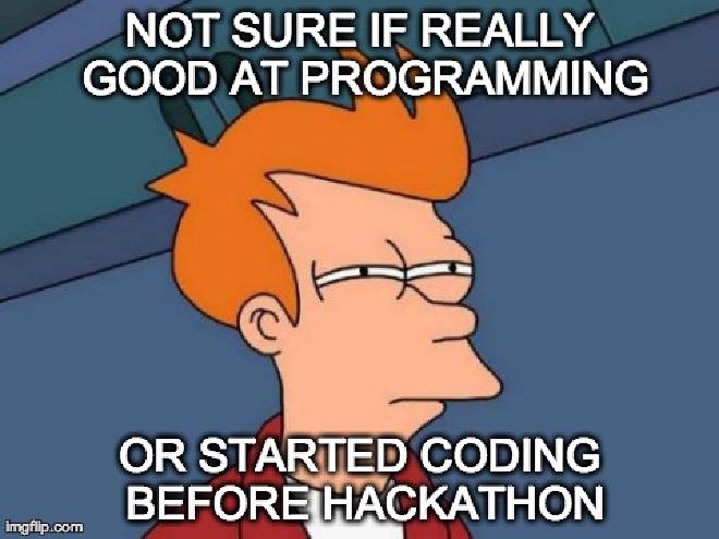 Picture of Fry from Futurama with caption &ldquo;Not sure if really good at programming or started coding before hackathon&rdquo;