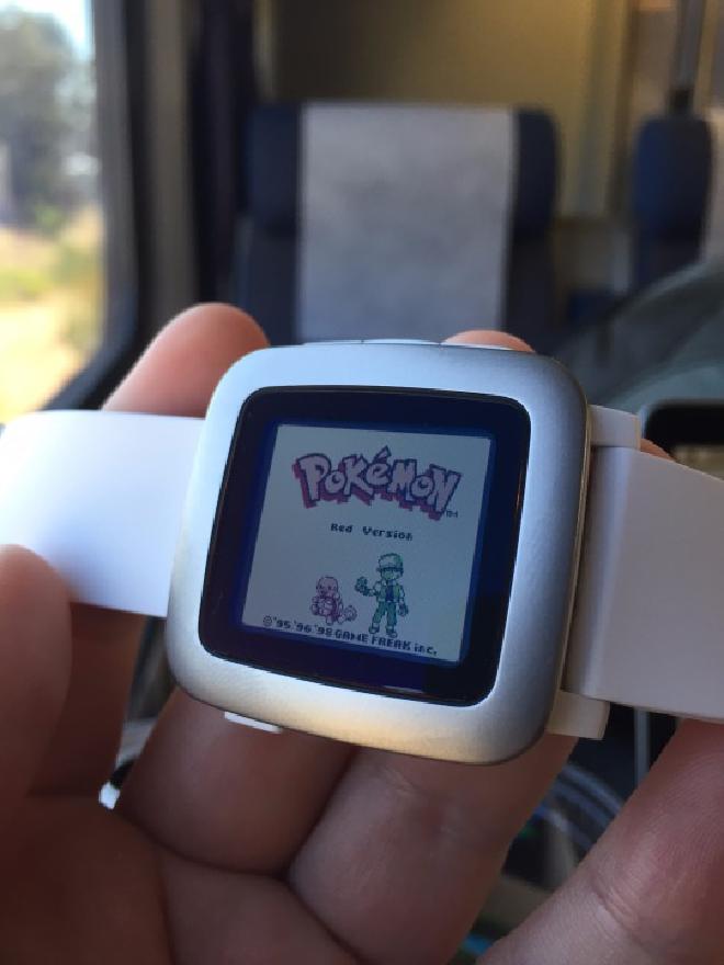 Picture of Pokemon Red start screen running on the Pebble Time