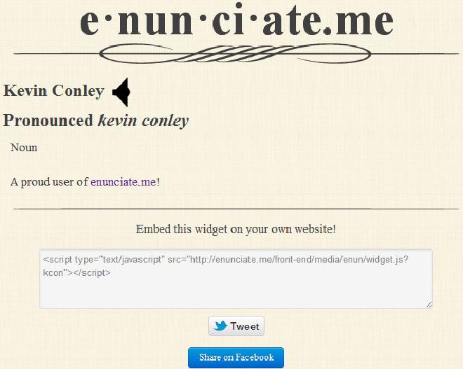 Screenshot of enunciate.me website showing pronunciation page for &ldquo;Kevin Conley&rdquo;