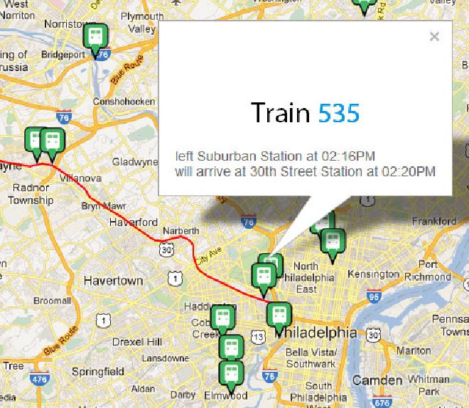 Screenshot of SEPTA Now web app showing locations of trains on a map