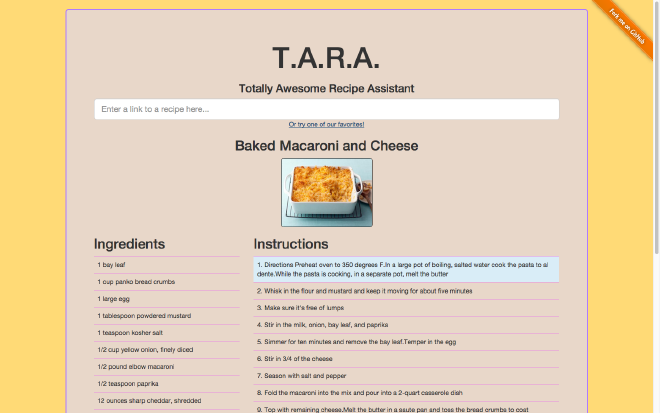 Screenshot of TARA website showing recipe view of baked macaroni and cheese