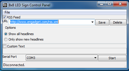 Screenshot of GUI for controlling 8x8 LED sign