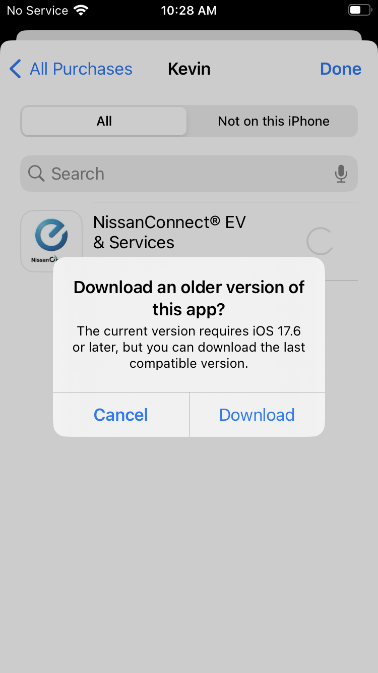 Screenshot of iPhone 8 showing a pop-up explaining that the current version of the NissanConnect app requires iOS 17.6 or later, but you can download the last compatible version.