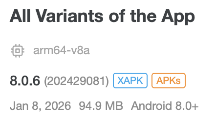 Screenshot of the NissanConnect Android app 8.0.6 version release details from APKPure noting that it only supports the <code>arm64-v8a</code> architecture