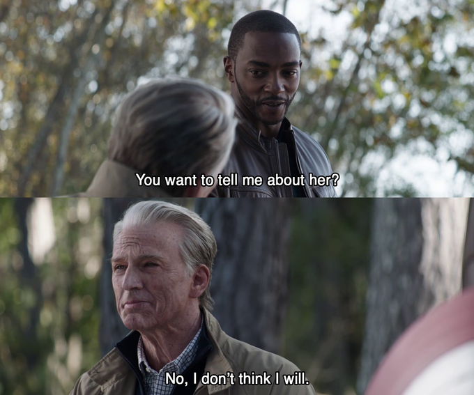 Image of scene from Avengers Endgame when Falcon sees a ring on old Captain America&rsquo;s finger and asks, &ldquo;You want to tell me about her?&rdquo; and Captain America responds, &ldquo;No, I don&rsquo;t think I will.&rdquo;