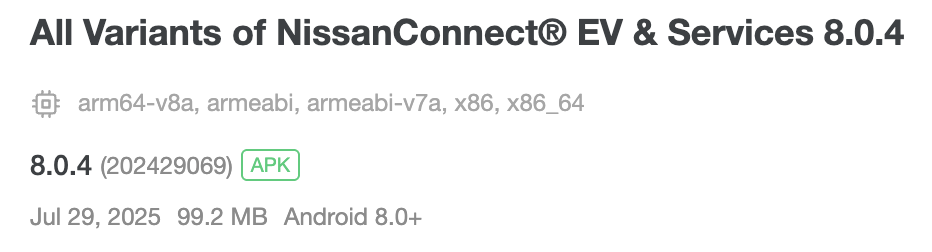 Screenshot of the NissanConnect Android app 8.0.4 version release details from APKPure noting that it supports both the <code>arm64-v8a</code> and <code>x86_64</code> architectures