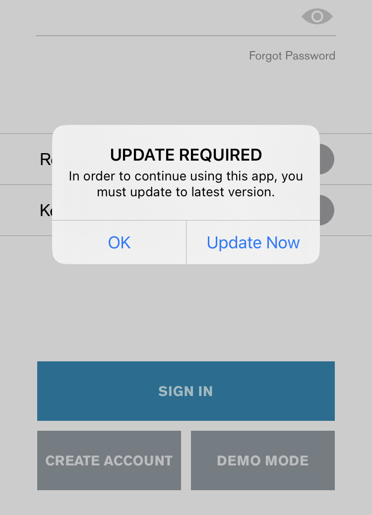 Screenshot showing NissanConnect app version 8.0.4 running on iPhone 8 refusing to log in with message, &ldquo;UPDATE REQUIRED: In order to continue using this app, you must update to latest version&rdquo;.