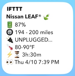 Screenshot of my Nissan LEAF widget on phone home screen displaying battery state of charge, available range, plugged-in status, cabin temperature range, estimated charge time, and date/time last refreshed