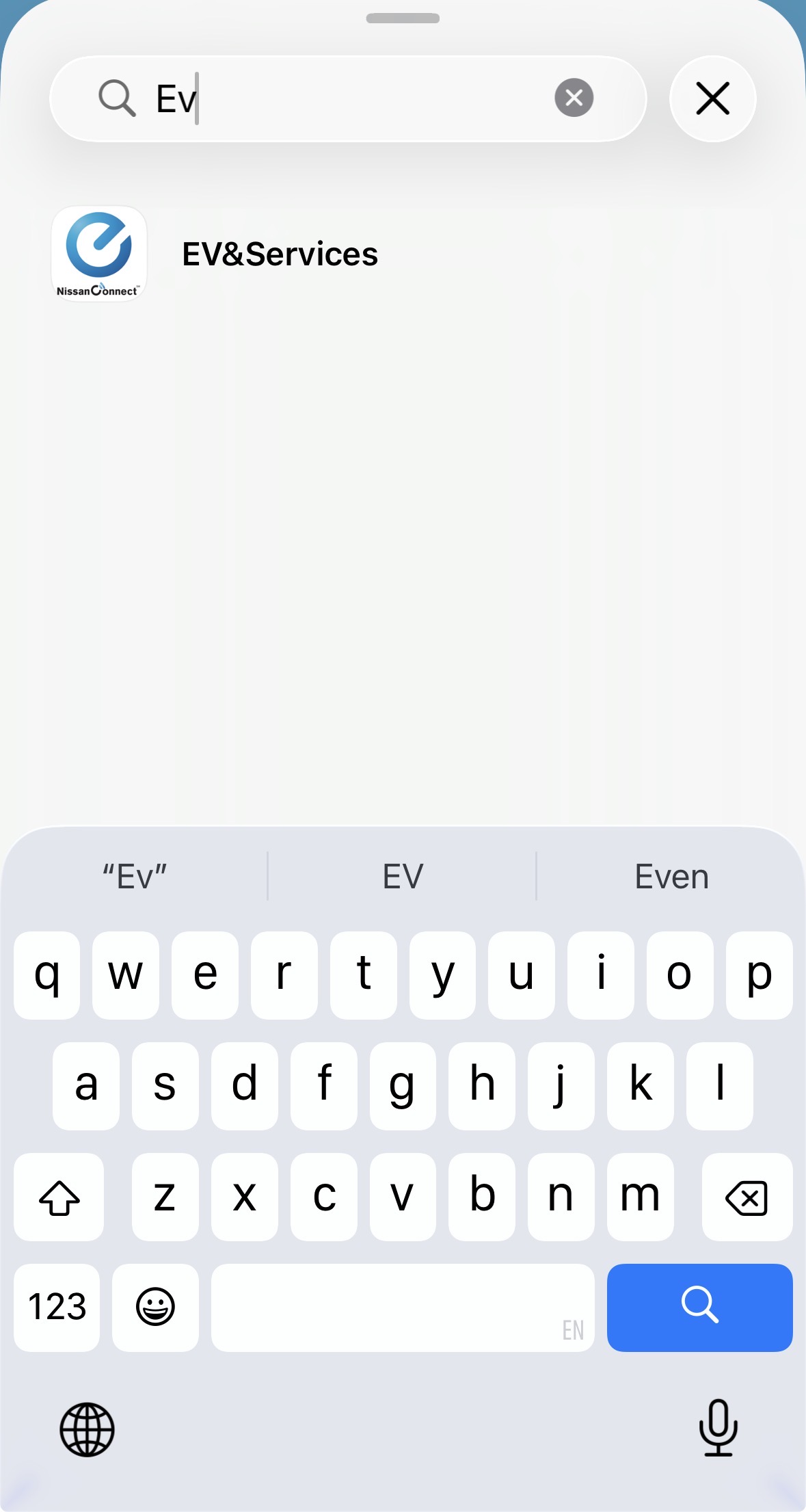 Screenshot showing NissanConnect &ldquo;EV&Services&rdquo; as an available iOS home screen widget.