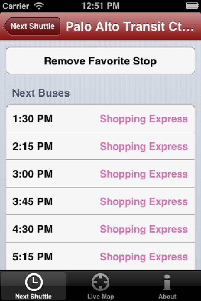 Screenshot of Stanford Marguerite iOS app showing next buses to arrive at Palto Alto Transit Center